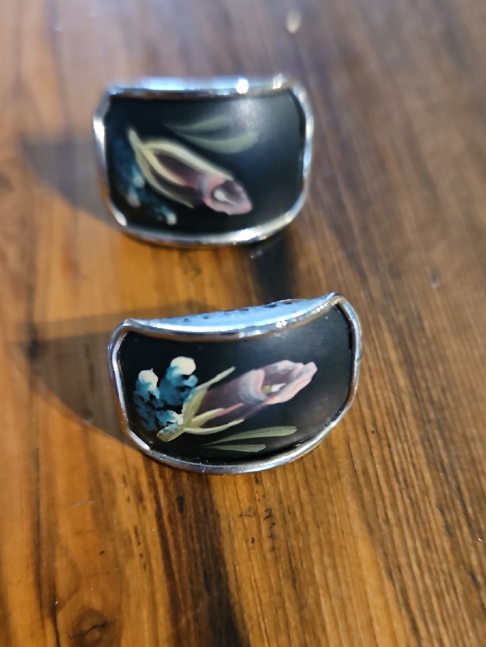 Black Floral Hand Painted Vintage Enamel  Pierced Ear Earrings